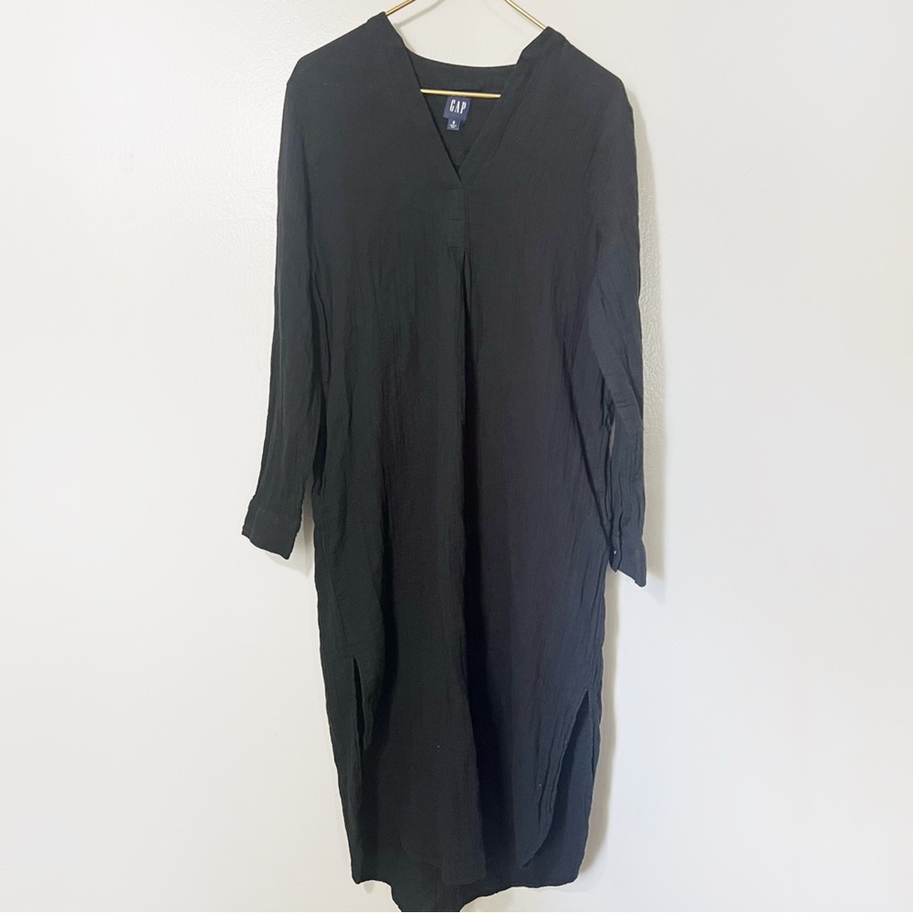GAP Black Long Sleeve Gauze Belted Tie-Waist V-Neck Dress Mumu Sz Small